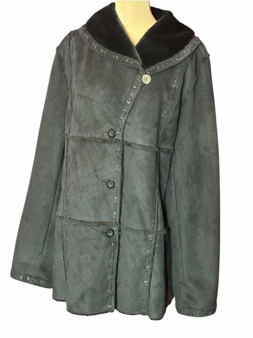 dennis basso Charcoal Gray Shearling-Trim Button Leather Jacket